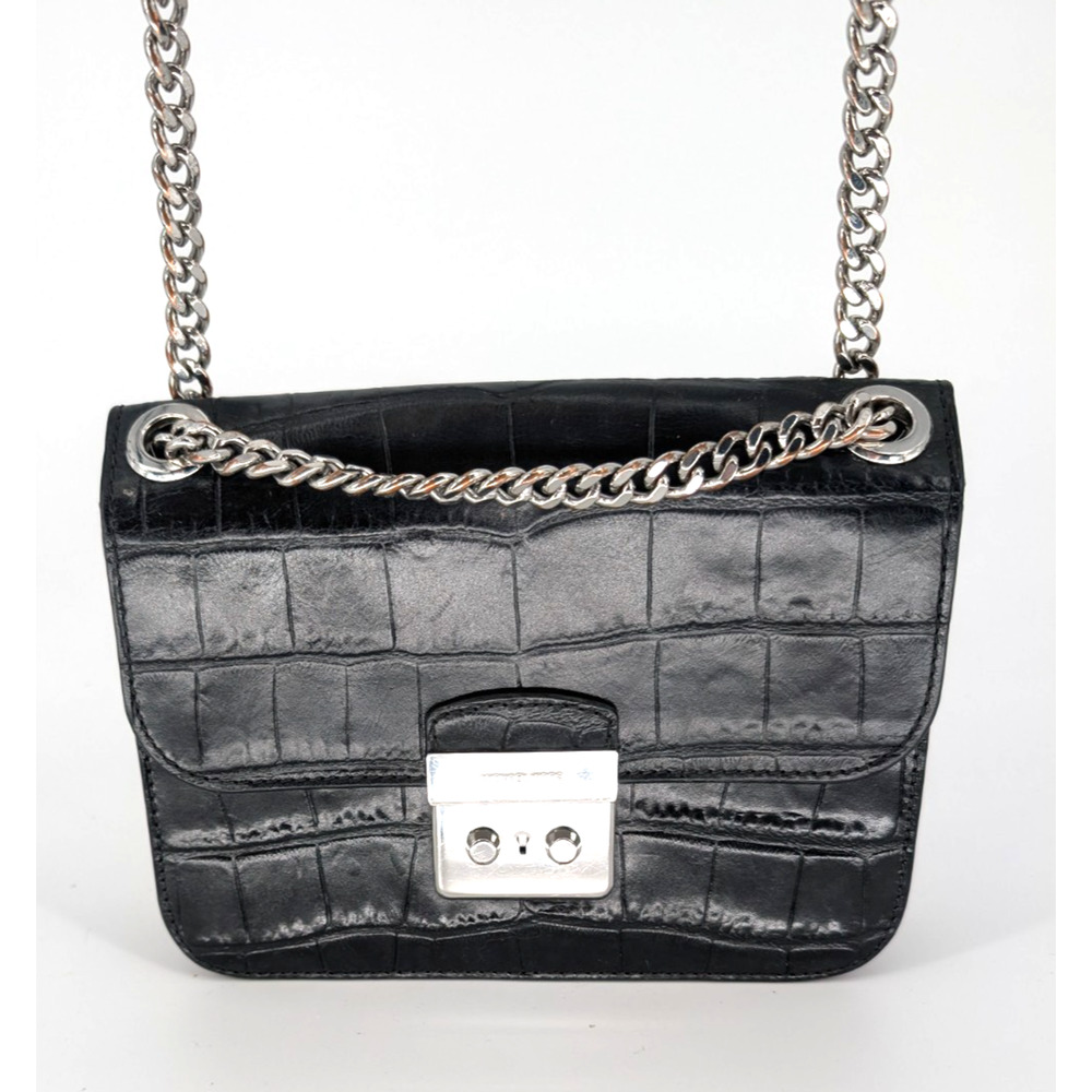 Michael Kors Sloan Editor Black Leather Crocodile Embossed Chain Strap Handbag - Picture 13 of 14